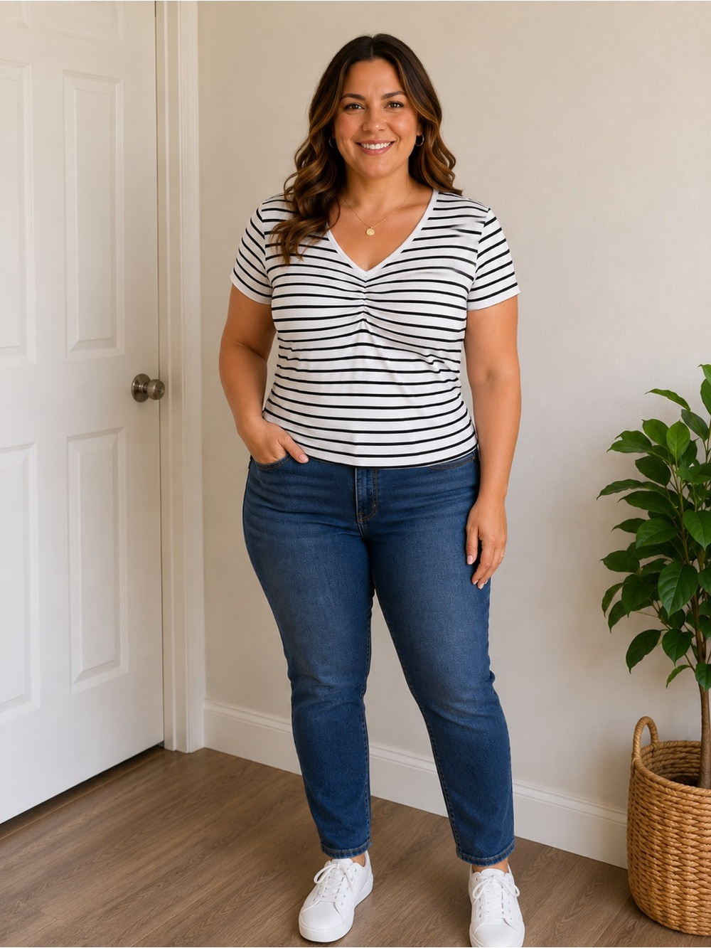 Black & White Striped V-Neck Short Sleeve Top with Front Gather